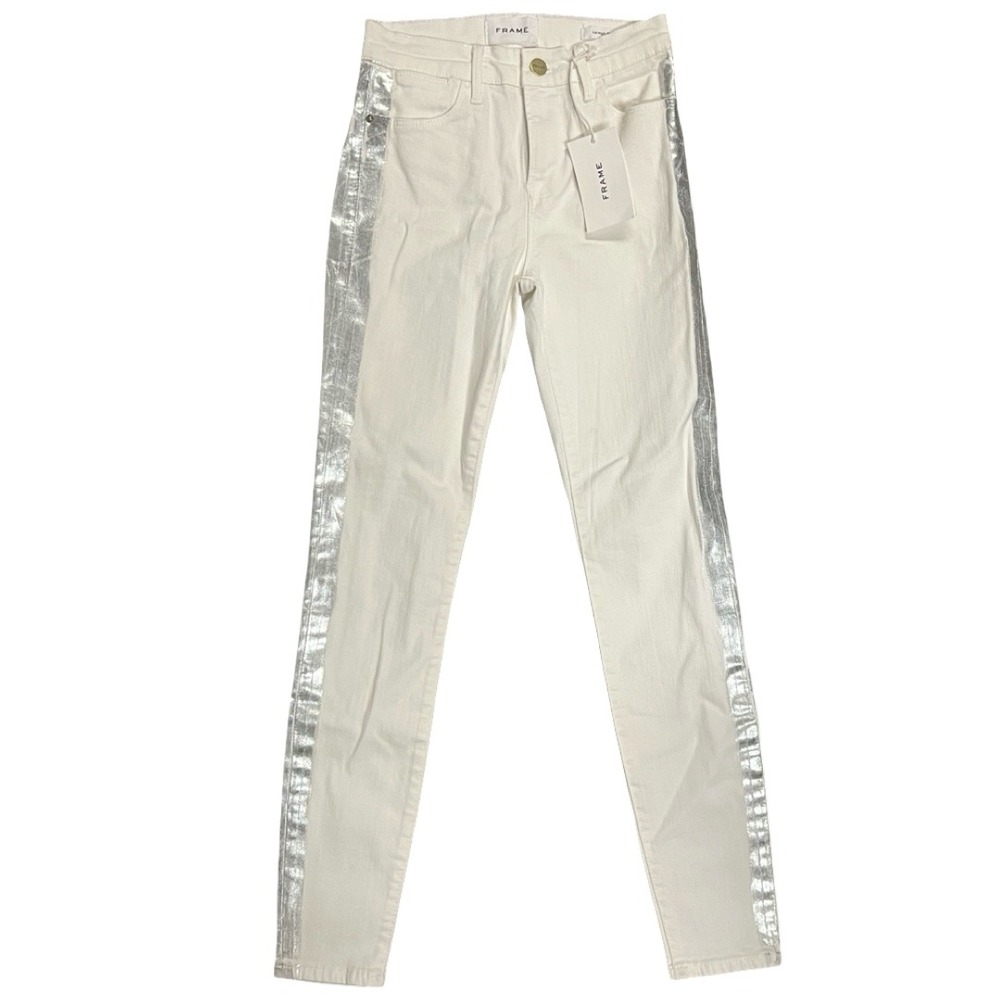 NWT FRAME Le High Skinny Jeans Blanc Foil Tux White Silver Stripe Size 24
